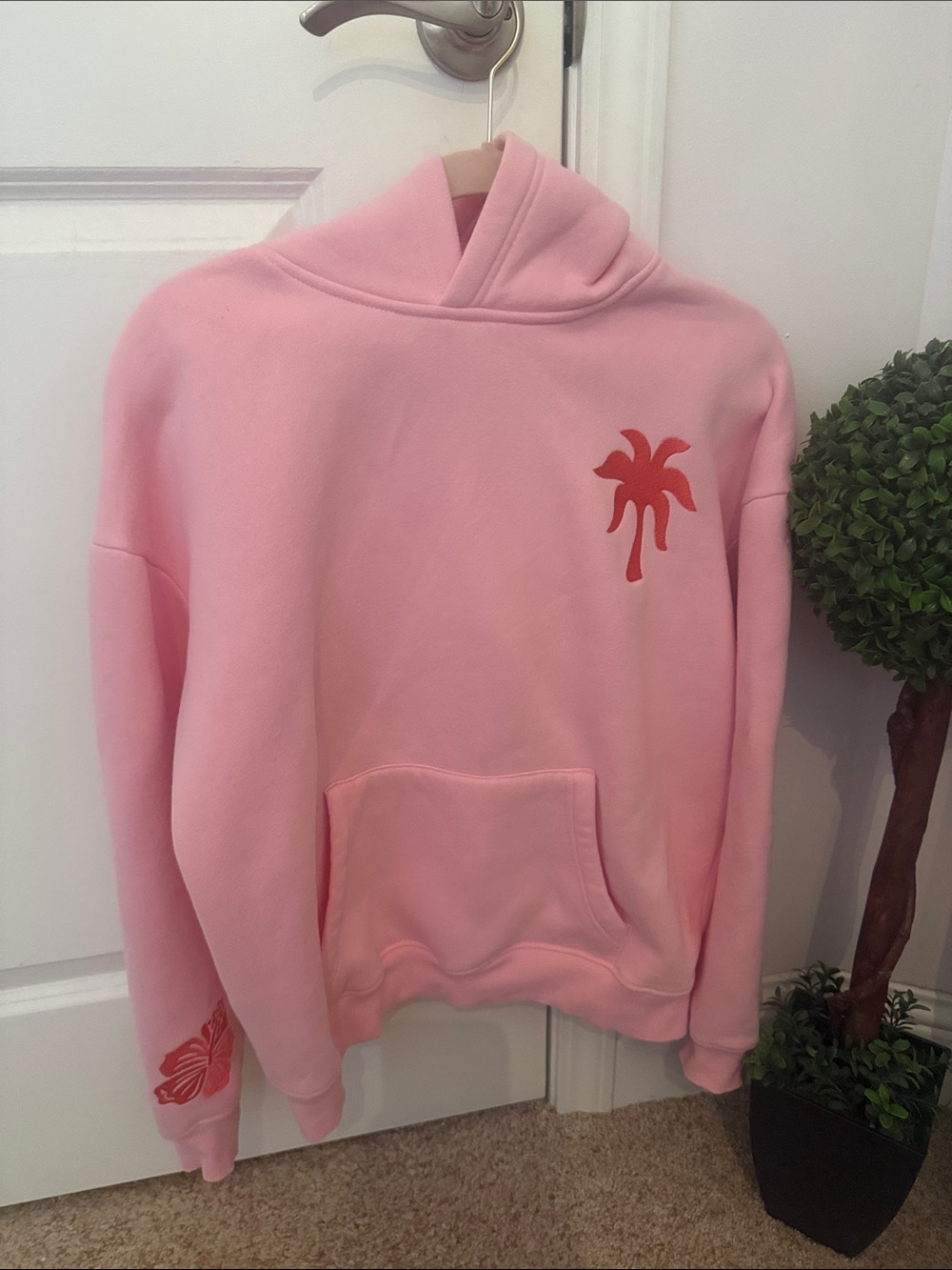 Pink Palm puff pink Hoodie with hot pink Palm embroidery
